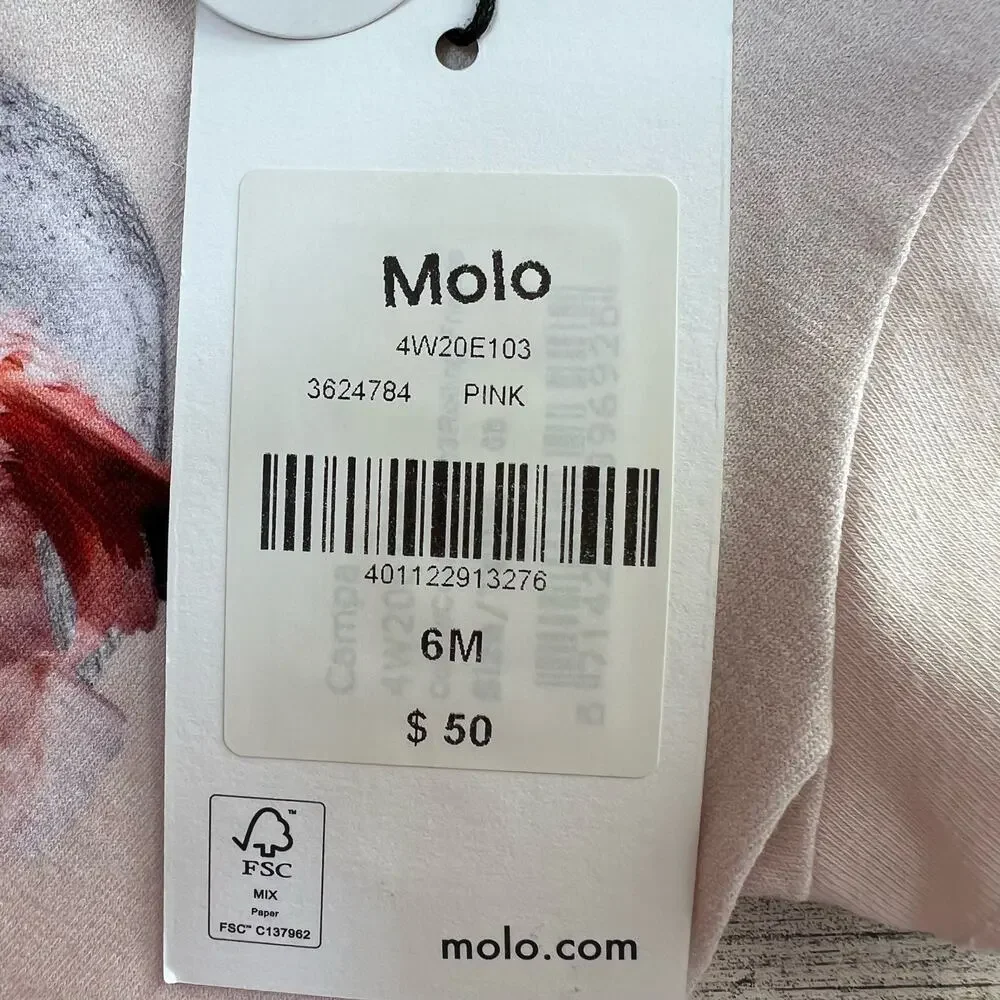 Molo Dress Baby Girls 6M Pink Rolling Friends Graphic Ruffle Hem Organic Cotton